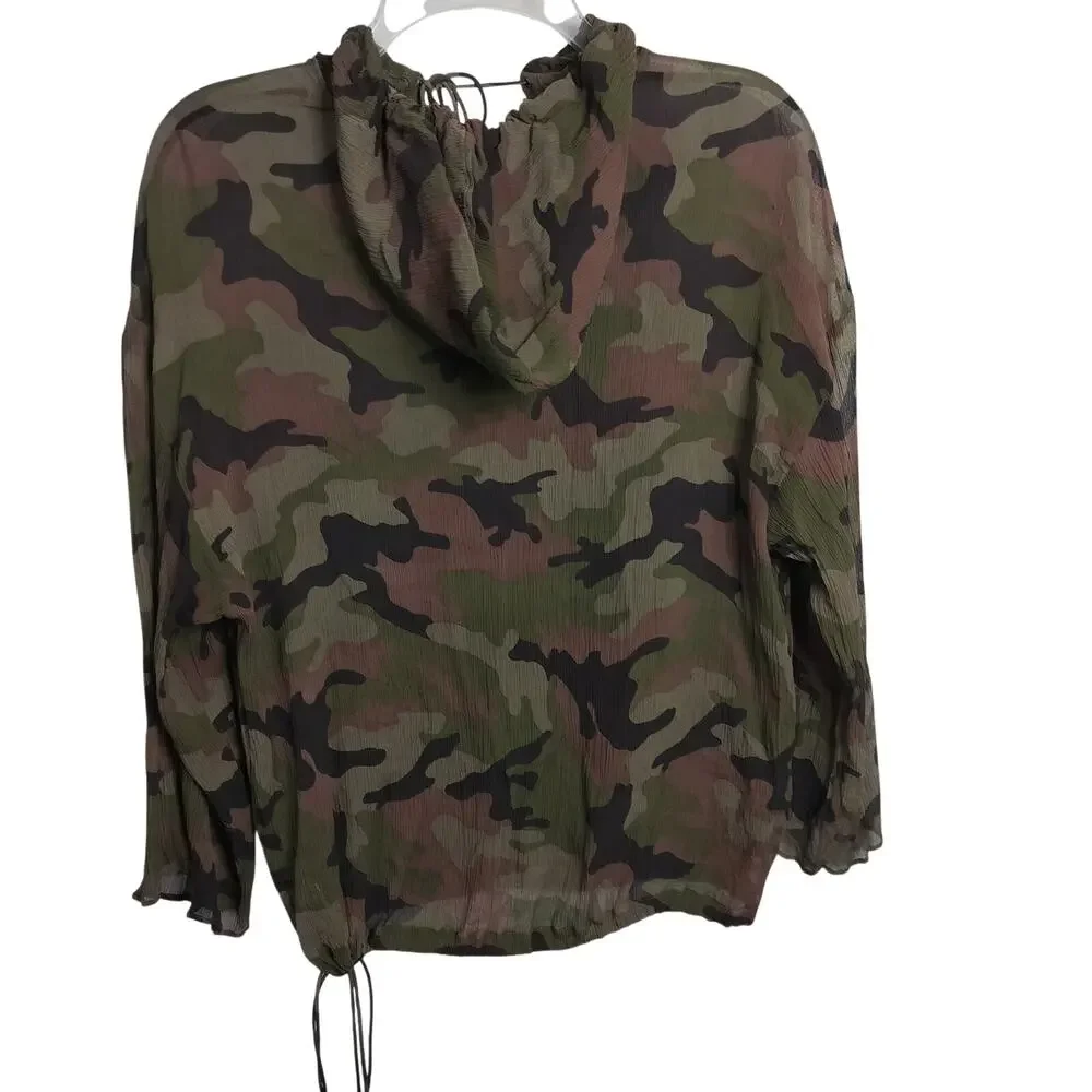 4994)Michael Kors Camouflage Silk Georgette semi Sheer Pullover Hooded Blouse M - Picture 6 of 11